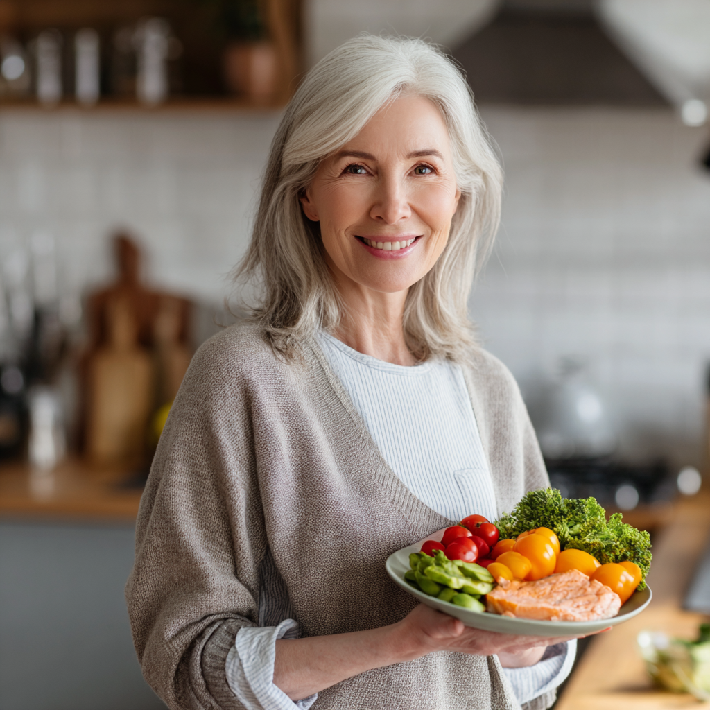 Smiling middle-aged Ukrainian woman in her kitchen, preparing fresh vegetables and fruits on a wooden cutting board, wearing a light green apron, with natural sunlight streaming through window