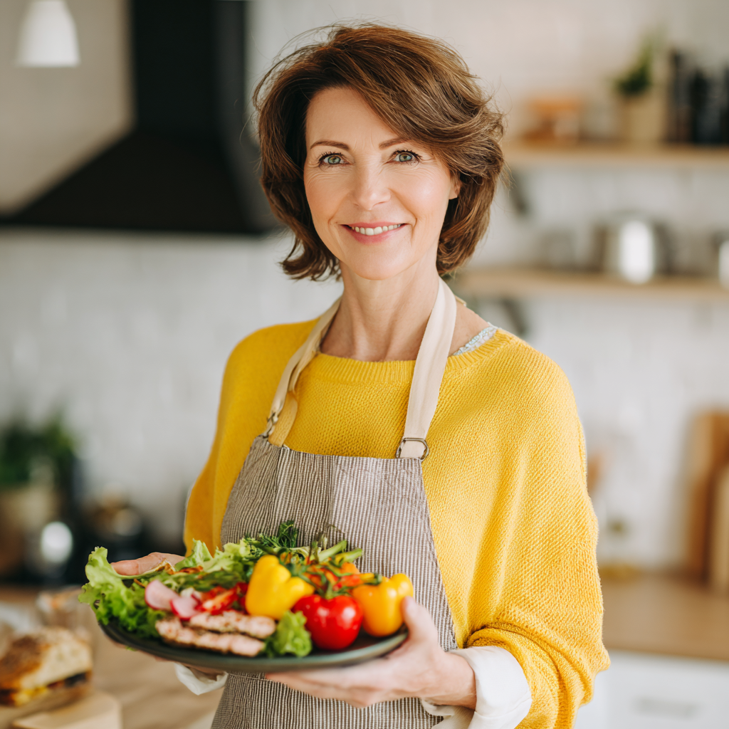 Happy elderly Ukrainian couple in their 60s doing morning stretching exercises together in a bright living room, wearing comfortable activewear, with fresh fruits visible on kitchen counter in background