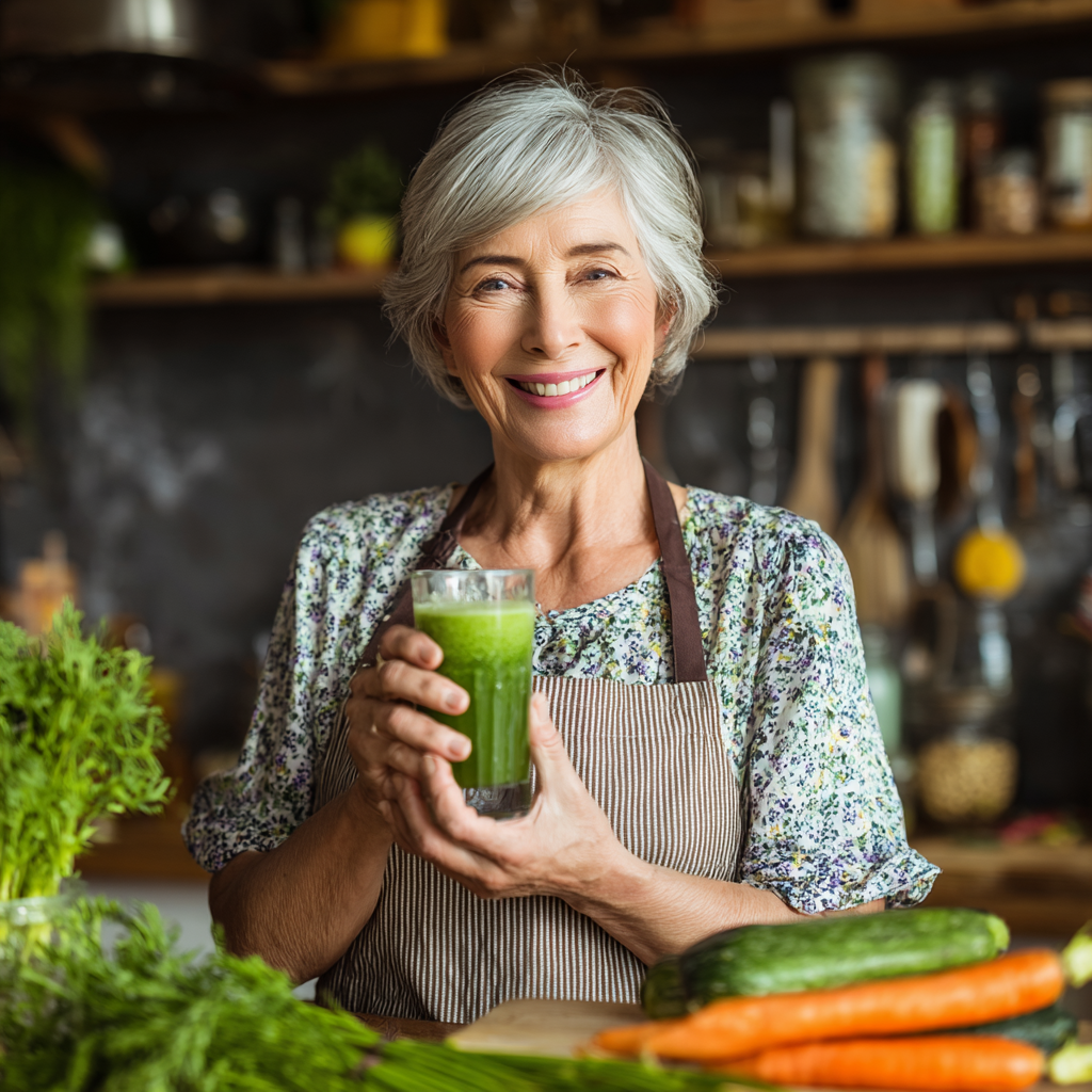 Active Ukrainian senior woman in her 50s preparing a colorful salad in modern kitchen, wearing casual clothing, surrounded by fresh vegetables and herbs, with a satisfied smile on her face
